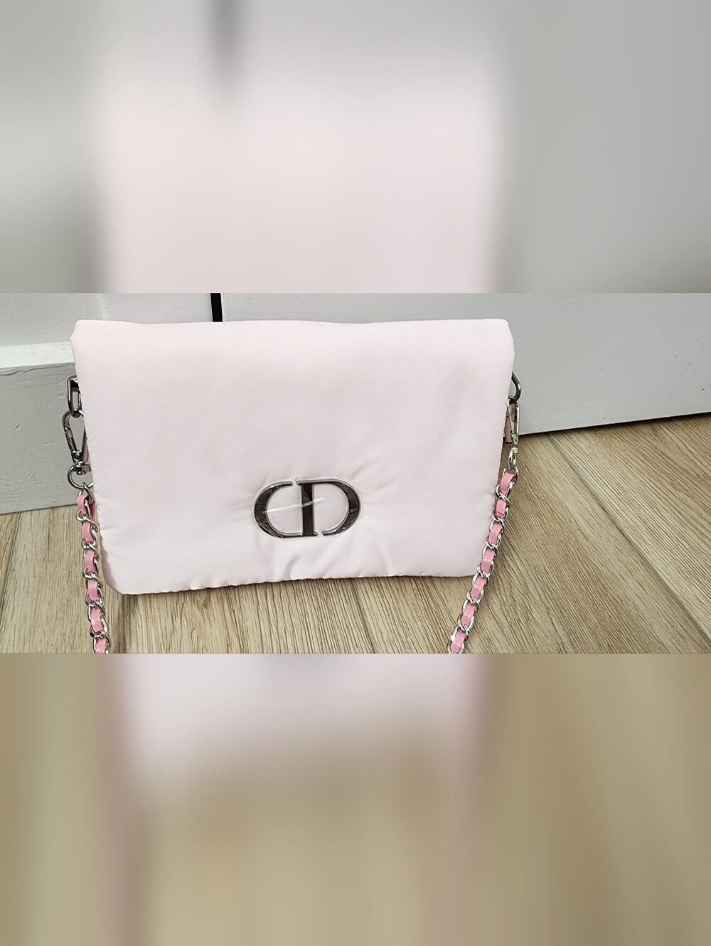 Christian Dior Puffy Pouch Pink Novelty Clutch Bag CD Logo Long Chain Strap - Picture 5 of 9